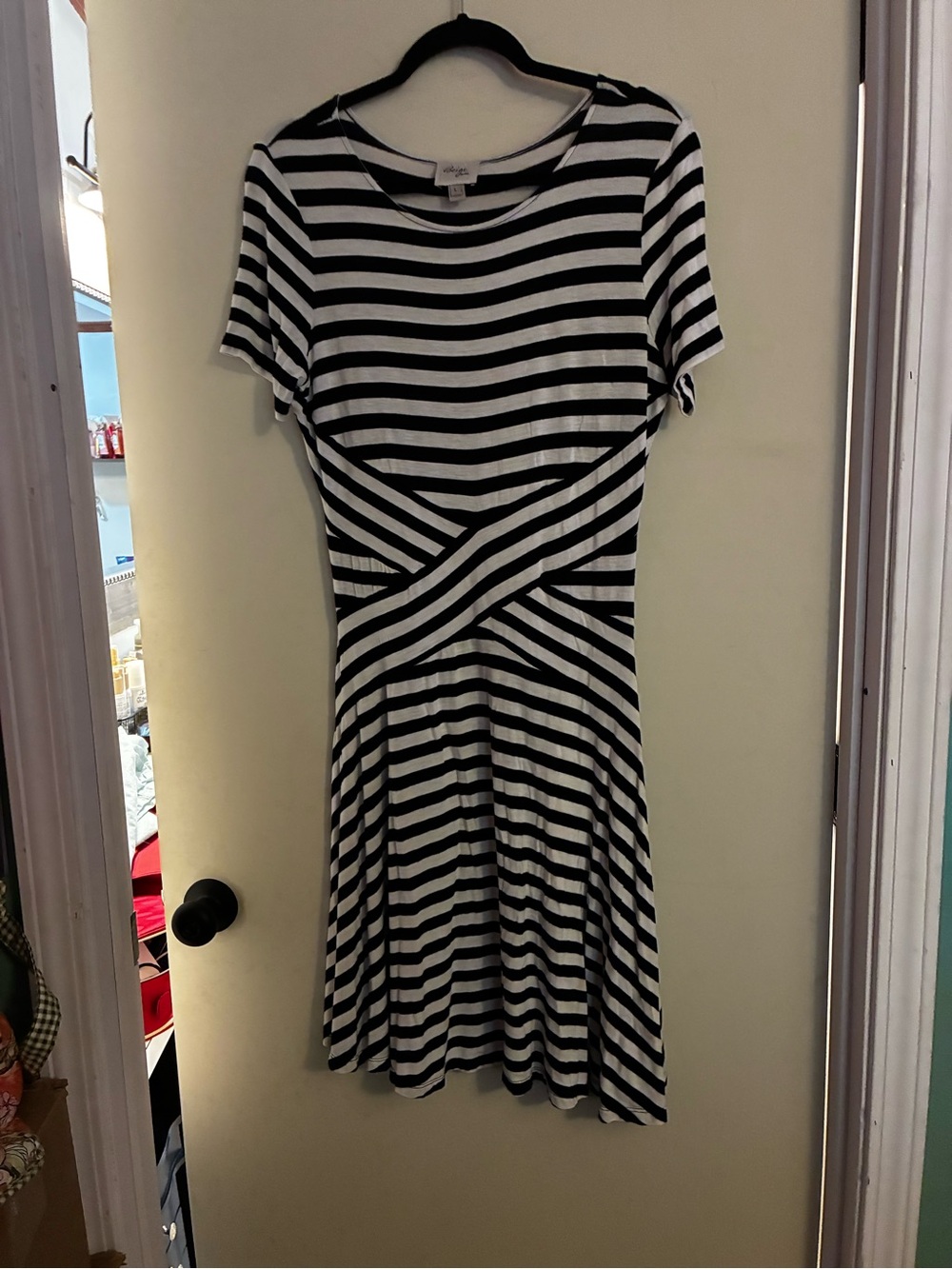 Beige By ECI Skater Striped Black & White Fit-and-Flare Dress